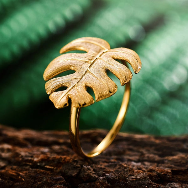 925 Sterling Silver 18K Gold Monstera Leaves Ring Adjustable Rings for Women