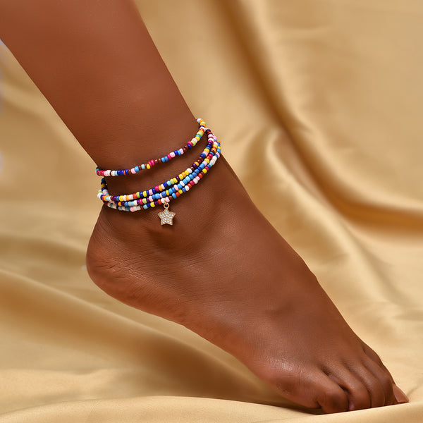 Tobillera Boho con Cuentas de Colores, Cadena y Colgante de Estrella para el Tobillo