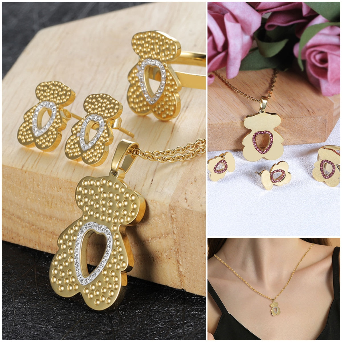 Cute Little Bear Titanium Steel Jewelry Set