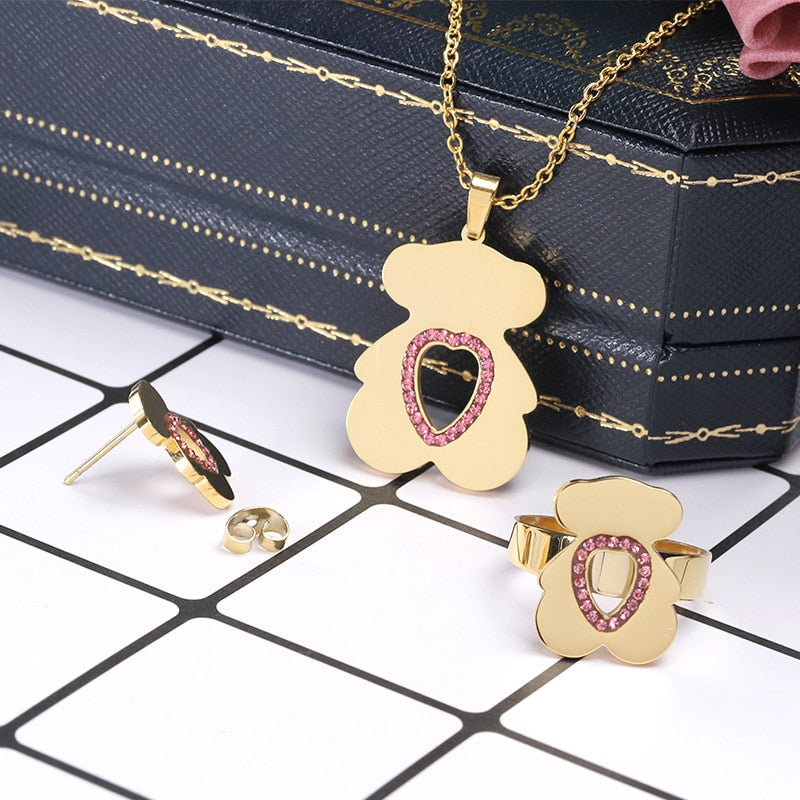 Cute Little Bear Titanium Steel Jewelry Set