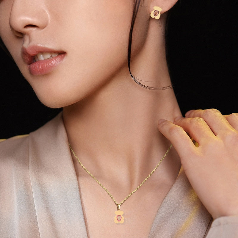 Cute Little Bear Titanium Steel Jewelry Set