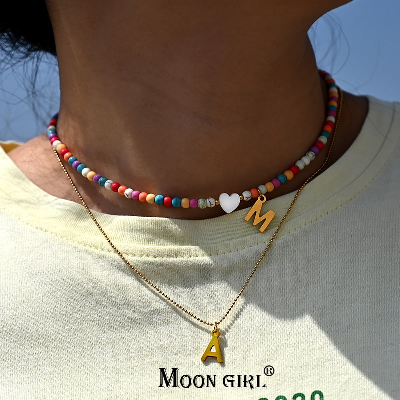Colorful Beads Initial Choker  for Women Stainless Steel Letter Pendant Necklace