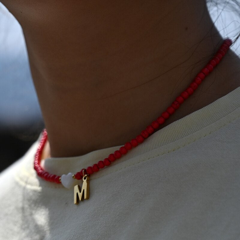 Colorful Beads Initial Choker  for Women Stainless Steel Letter Pendant Necklace
