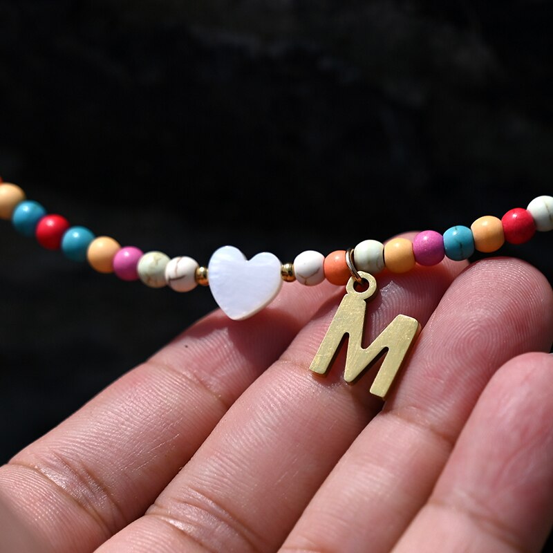 Colorful Beads Initial Choker  for Women Stainless Steel Letter Pendant Necklace