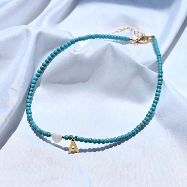 Colorful Beads Initial Choker  for Women Stainless Steel Letter Pendant Necklace