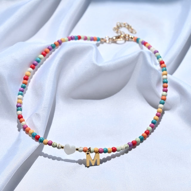 Colorful Beads Initial Choker  for Women Stainless Steel Letter Pendant Necklace