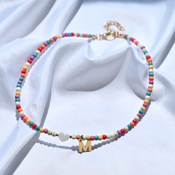 Colorful Beads Initial Choker  for Women Stainless Steel Letter Pendant Necklace