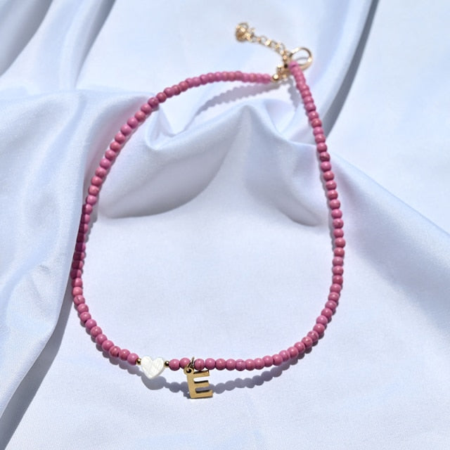 Colorful Beads Initial Choker  for Women Stainless Steel Letter Pendant Necklace