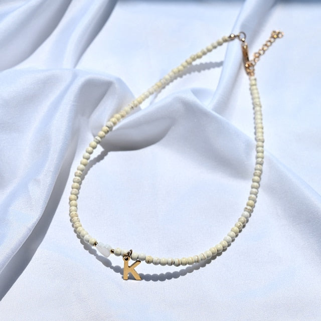 Colorful Beads Initial Choker  for Women Stainless Steel Letter Pendant Necklace