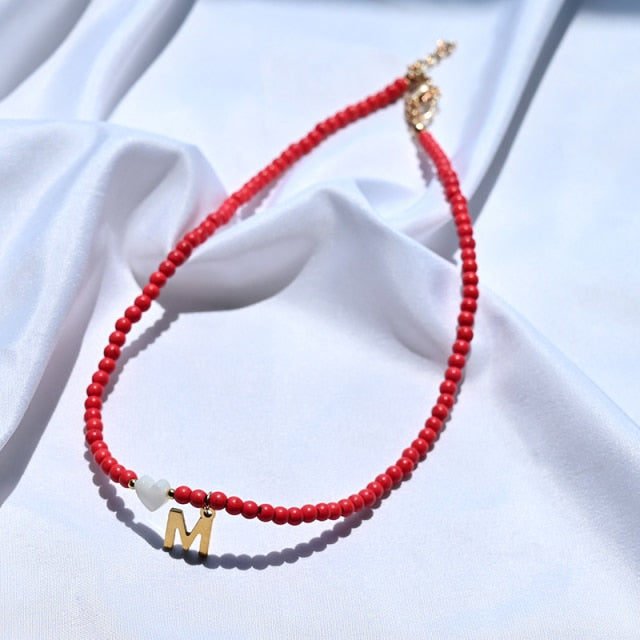 Colorful Beads Initial Choker  for Women Stainless Steel Letter Pendant Necklace