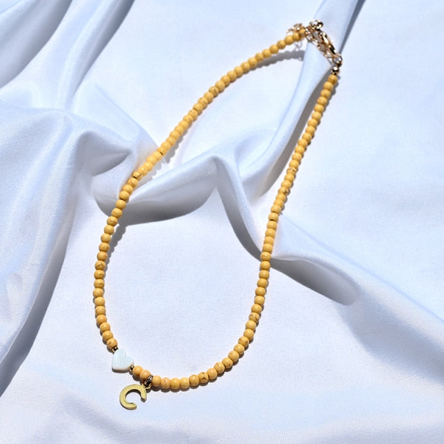 Colorful Beads Initial Choker  for Women Stainless Steel Letter Pendant Necklace