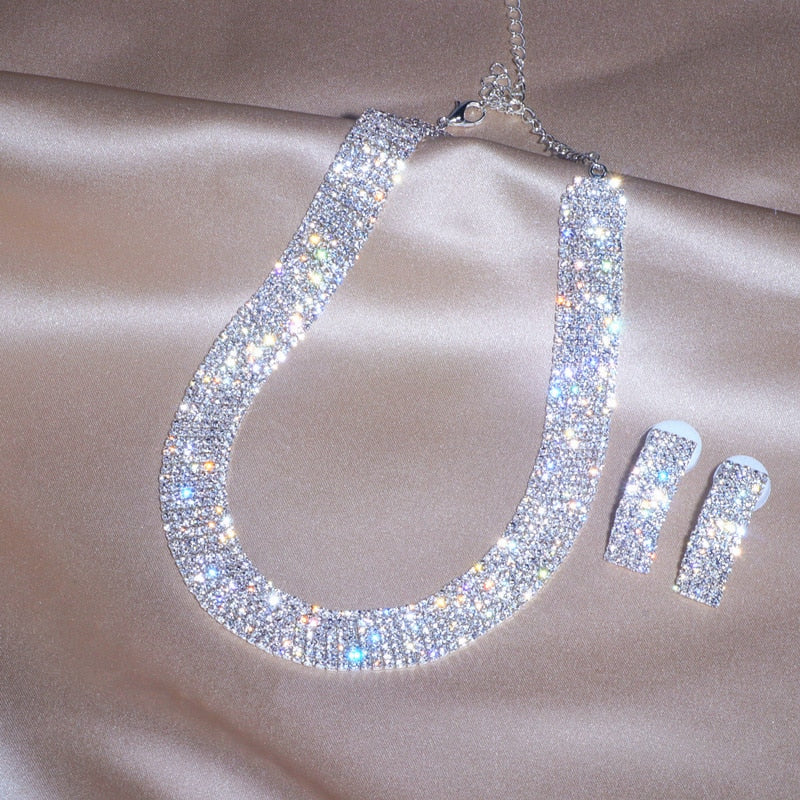 Luxury Classic Female  Fashion Crystal Necklace Earrings Set