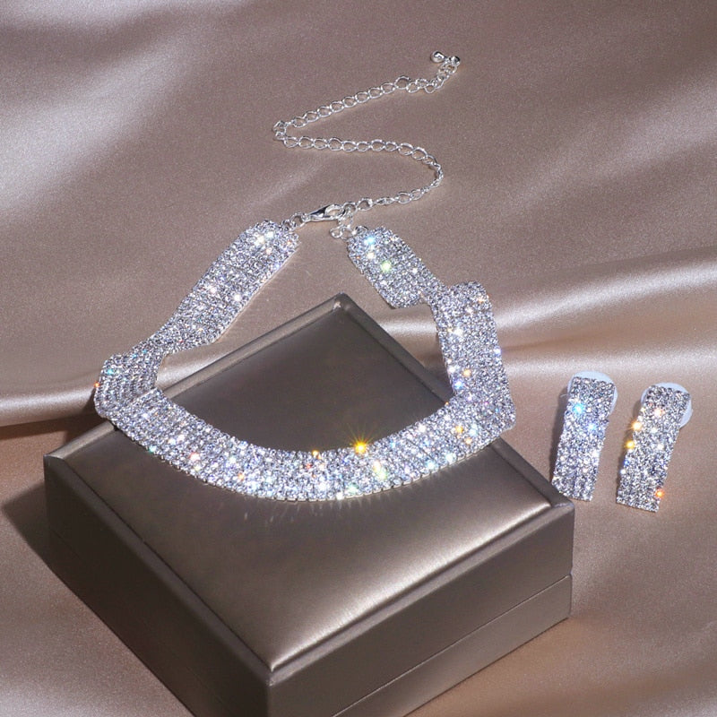Luxury Classic Female  Fashion Crystal Necklace Earrings Set