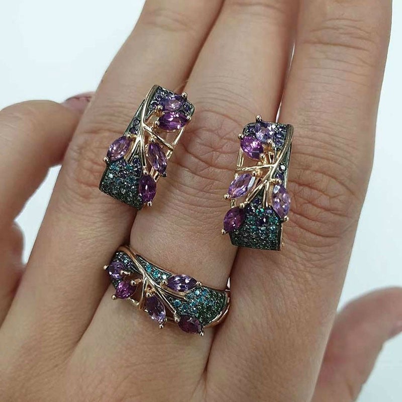 Purple Crystal Tree Leaf Rings For Women