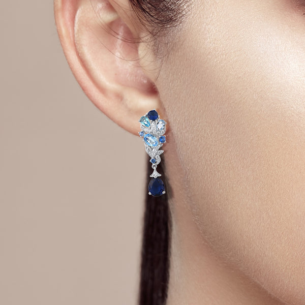 Pendientes colgantes de plata de ley 925 con circonita blanca brillante y piedra azul