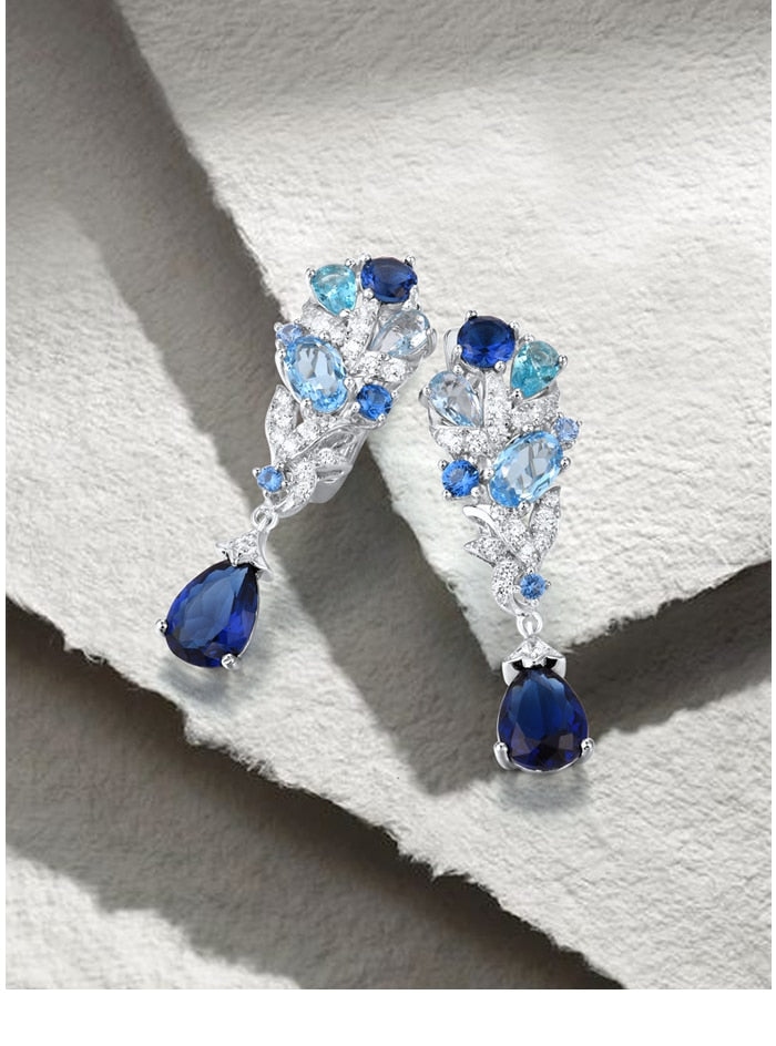 925 Sterling Silver Sparkling White CZ Blue Stone Dangle Earrings
