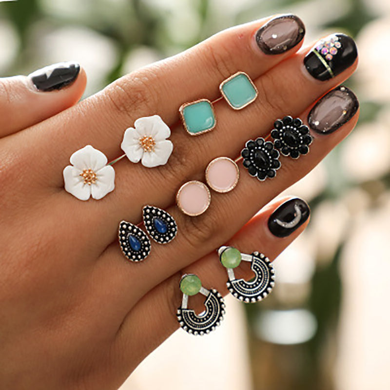 Vintage Rhinestone Geometric Flower Hollow Out Stud Earrings Set