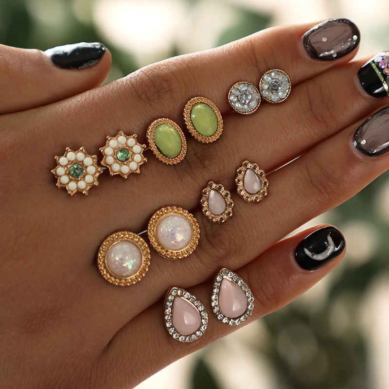 Vintage Rhinestone Geometric Flower Hollow Out Stud Earrings Set