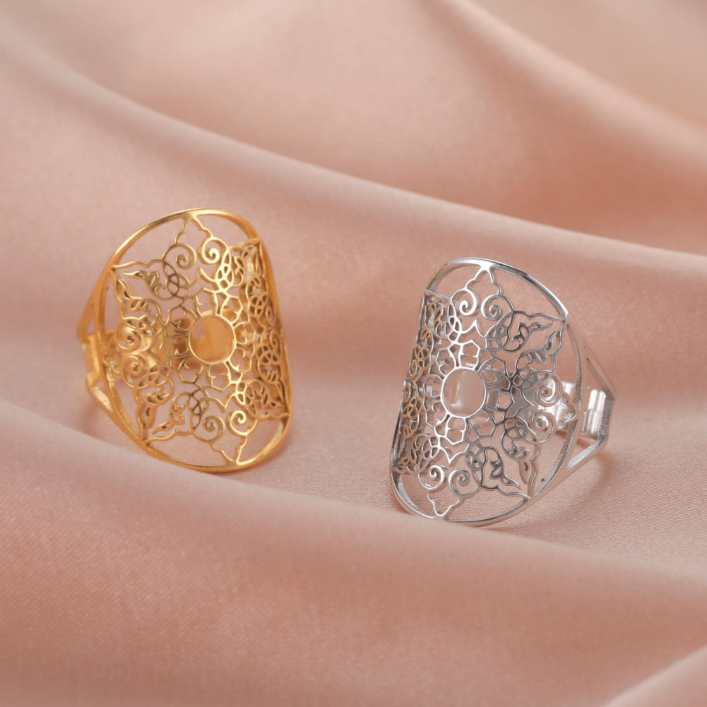 Adjustable Gold Color Geometric Filigree Flower Ring