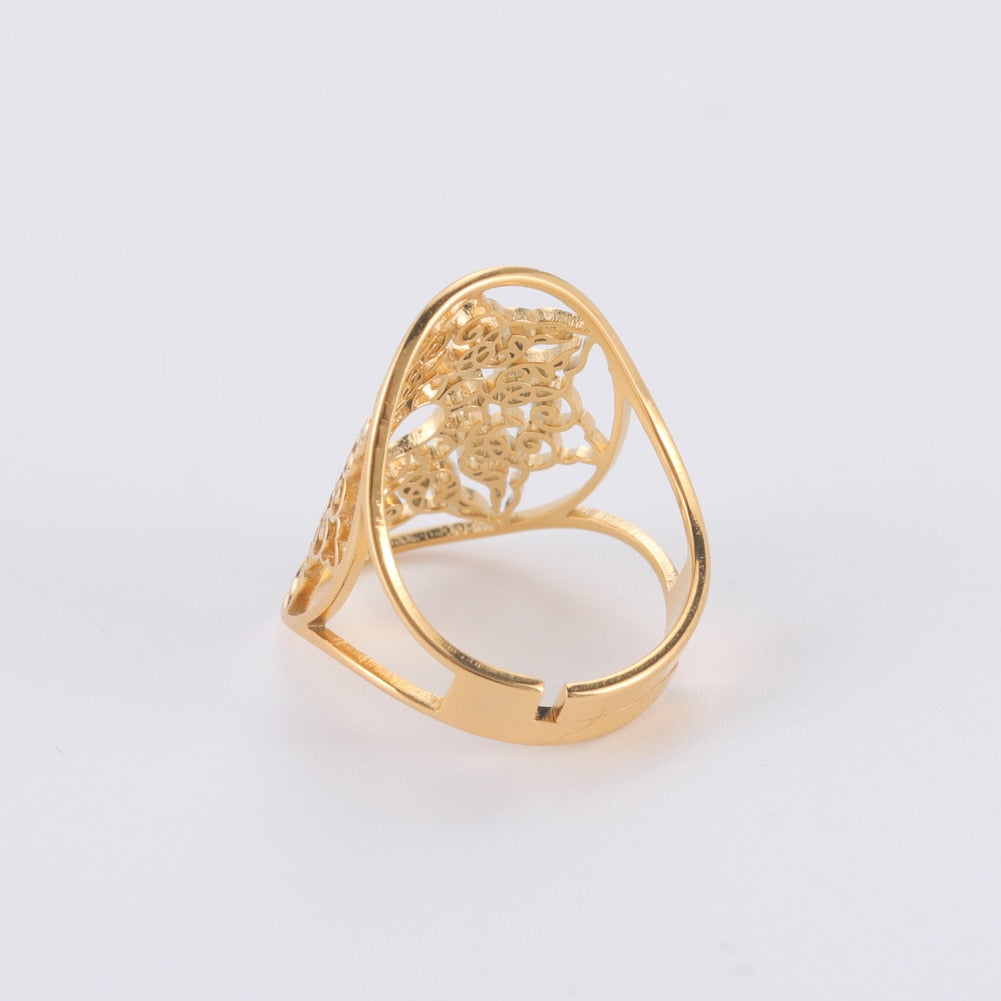 Adjustable Gold Color Geometric Filigree Flower Ring