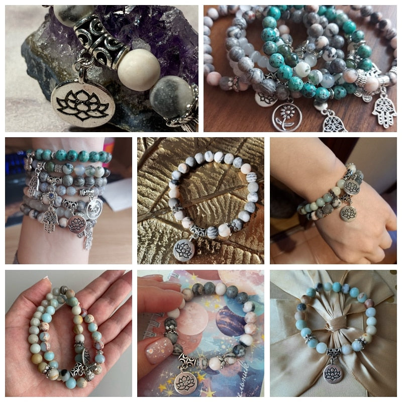 Handmade Natural Stone Lotus Ohm Buddha Beads Bracelet