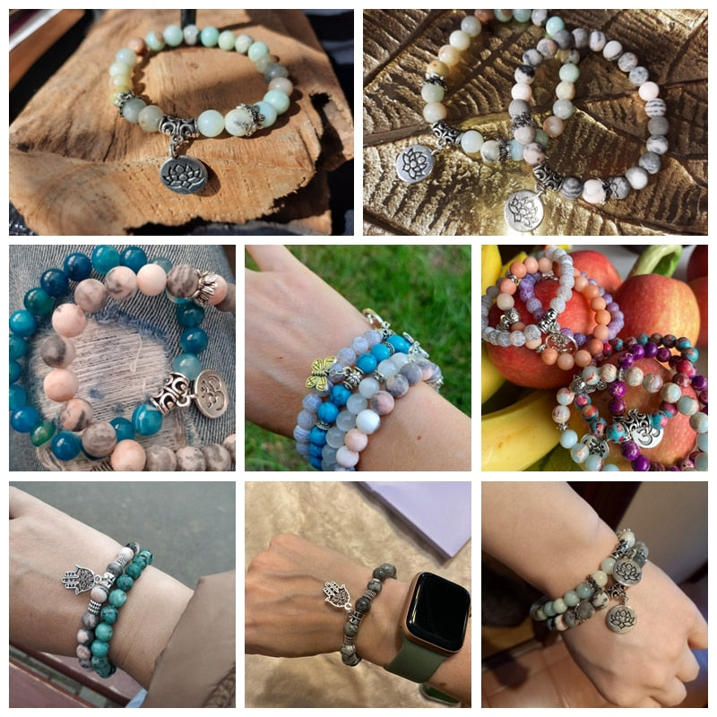 Handmade Natural Stone Lotus Ohm Buddha Beads Bracelet