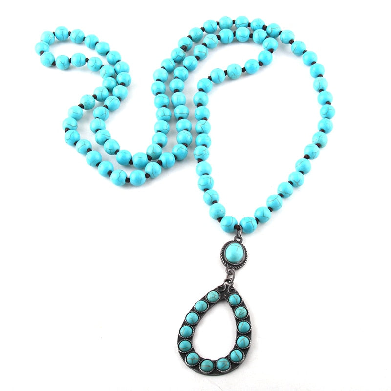 White / Blue Long Knotted Drop Necklace Earring Set