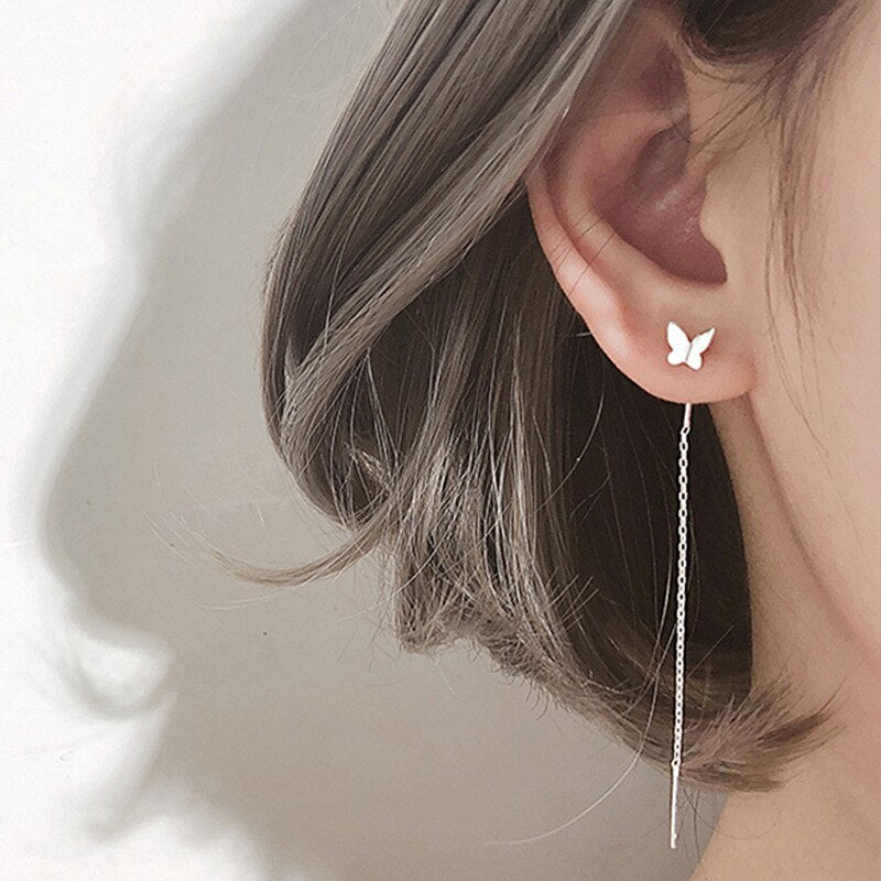 Long Tassel Butterfly Drop Earrings Silver Color