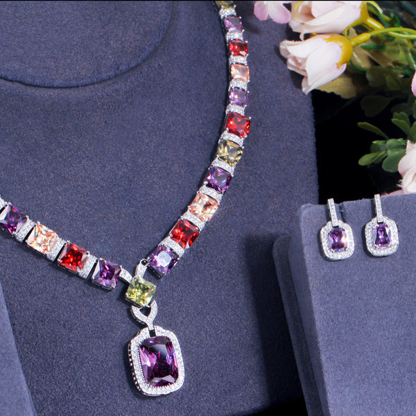 Conjunto de joyería nupcial de compromiso con pendientes y collar con colgante cuadrado de cristal de circonita cúbica de colores tallados