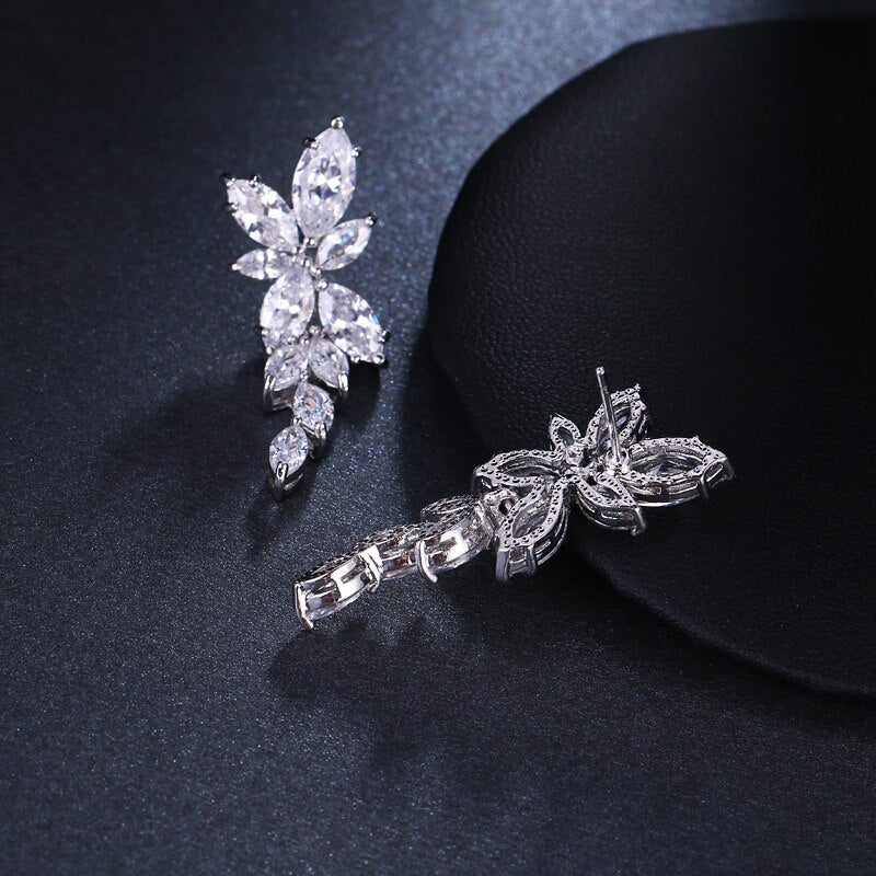 Marquise Cut Flower Zirconia Crystal Long Drop Earrings