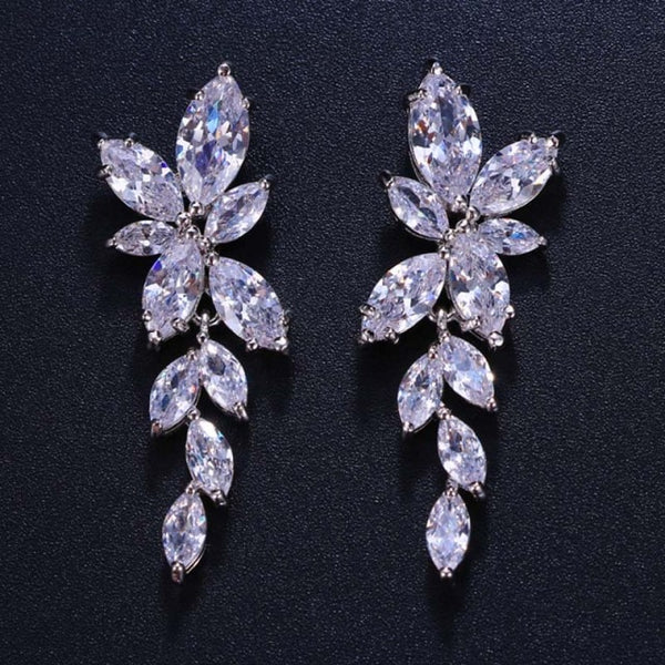 Marquise Cut Flower Zirconia Crystal Long Drop Earrings