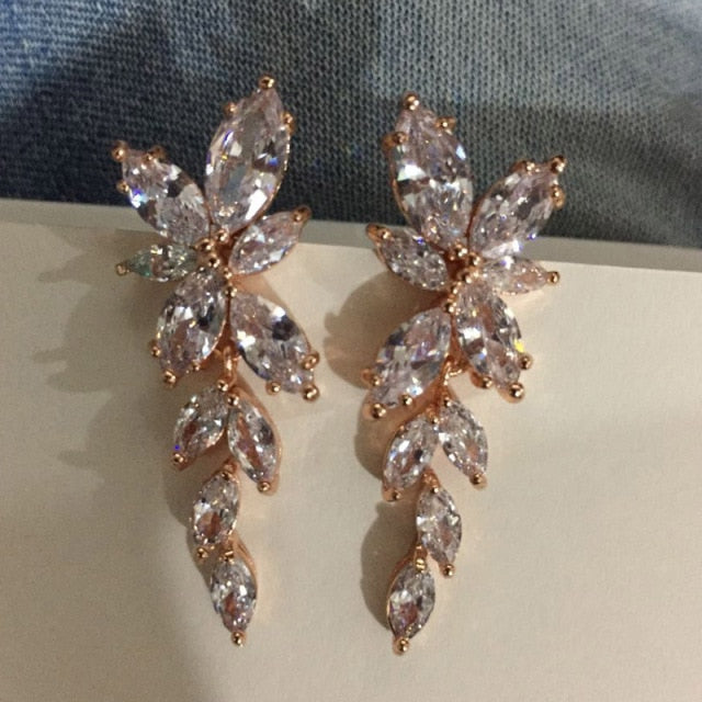 Marquise Cut Flower Zirconia Crystal Long Drop Earrings