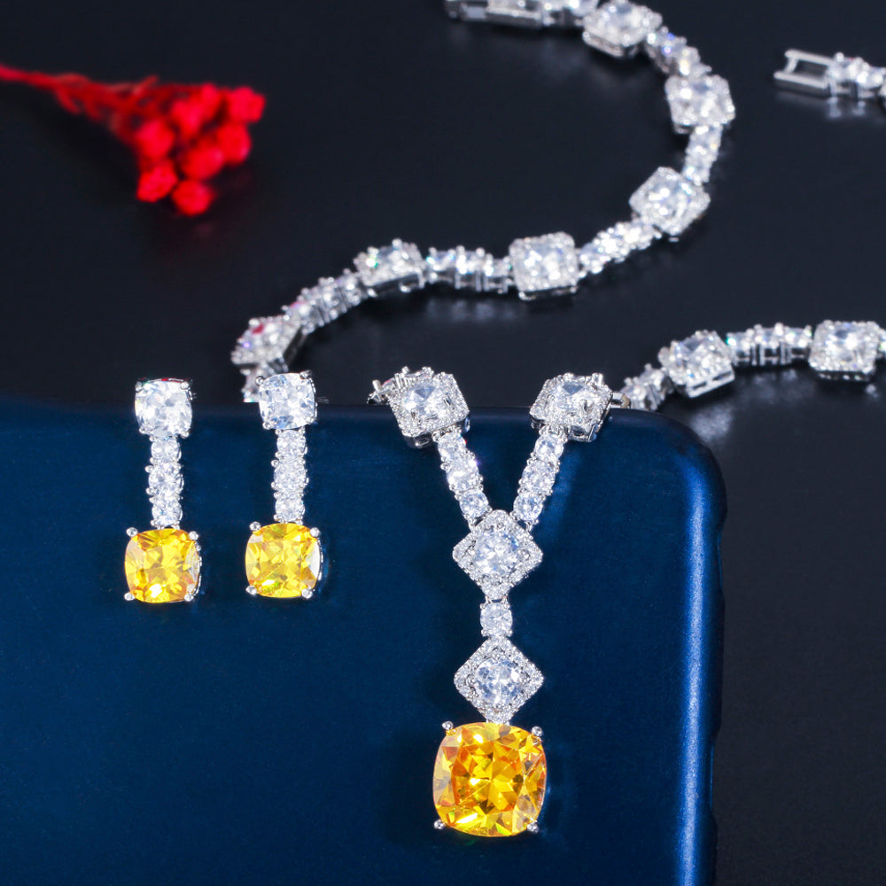 Elegant Yellow CZ Crystal Silver Color Big Square Drop  Jewelry Sets