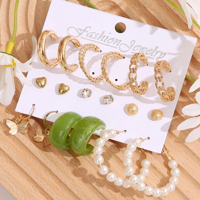 Trendy Gold Geometirc Square Round Pearl Hoop Earrings Set