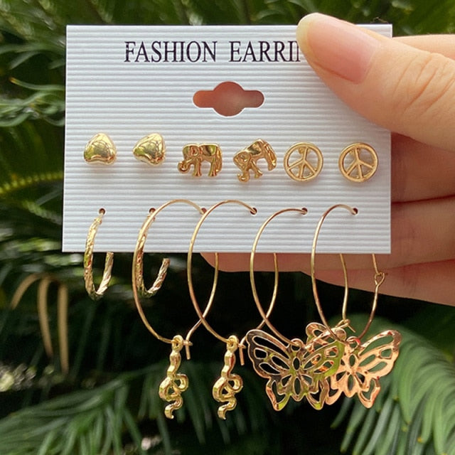 Trendy Gold Geometirc Square Round Pearl Hoop Earrings Set
