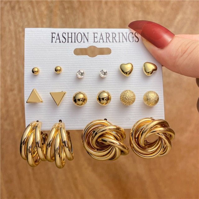 Trendy Gold Geometirc Square Round Pearl Hoop Earrings Set