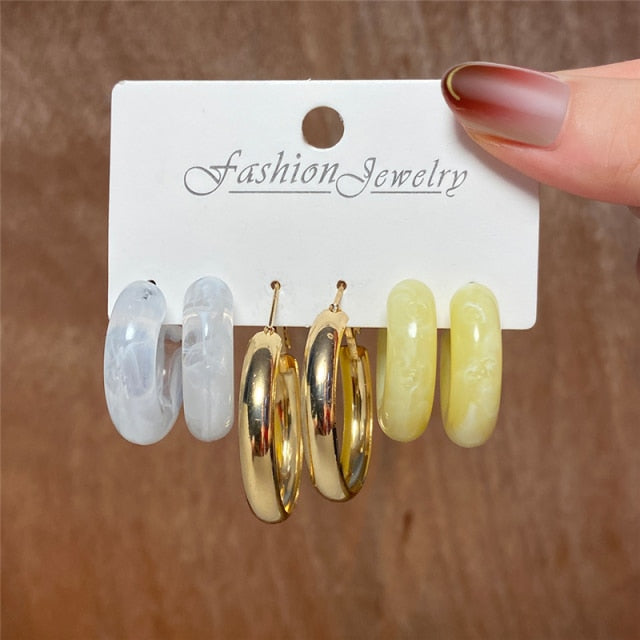 Trendy Gold Geometirc Square Round Pearl Hoop Earrings Set