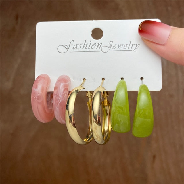 Trendy Gold Geometirc Square Round Pearl Hoop Earrings Set