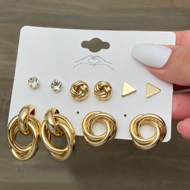 Trendy Gold Geometirc Square Round Pearl Hoop Earrings Set