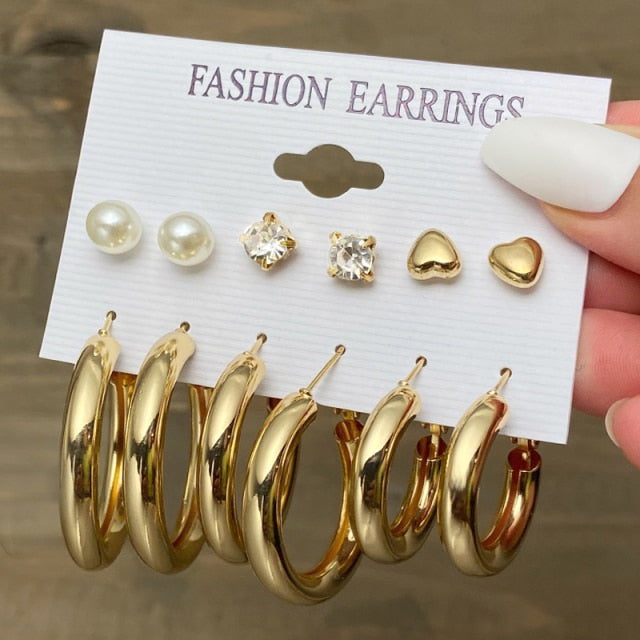 Trendy Gold Geometirc Square Round Pearl Hoop Earrings Set