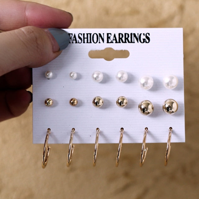 Trendy Gold Geometirc Square Round Pearl Hoop Earrings Set
