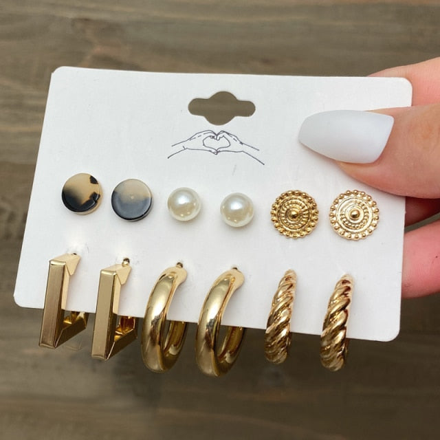 Trendy Gold Geometirc Square Round Pearl Hoop Earrings Set