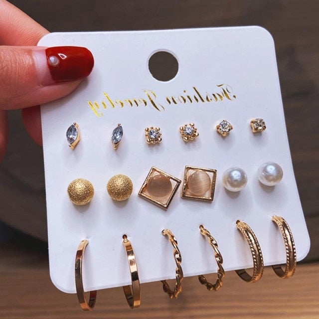 Trendy Gold Geometirc Square Round Pearl Hoop Earrings Set