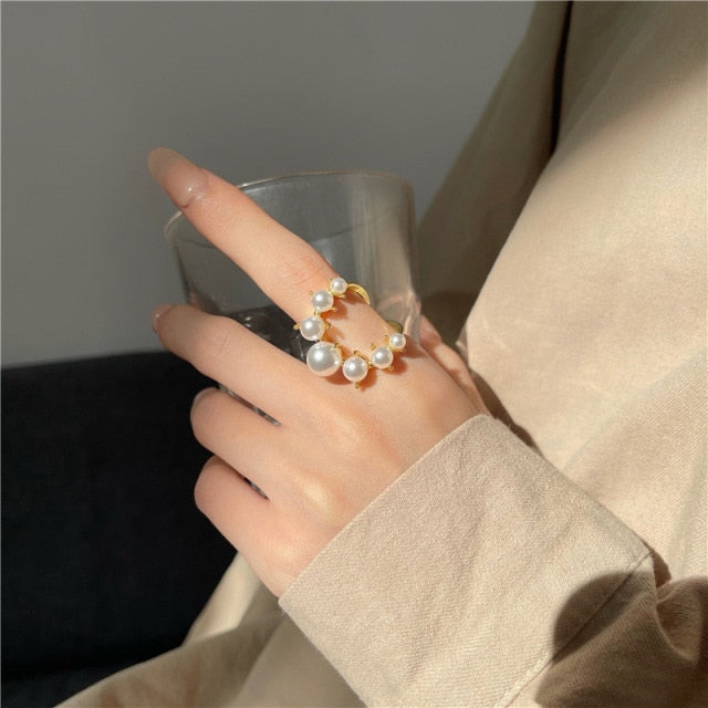 Big Imitation Pearls  Gold Color Metal Hollow  Rings