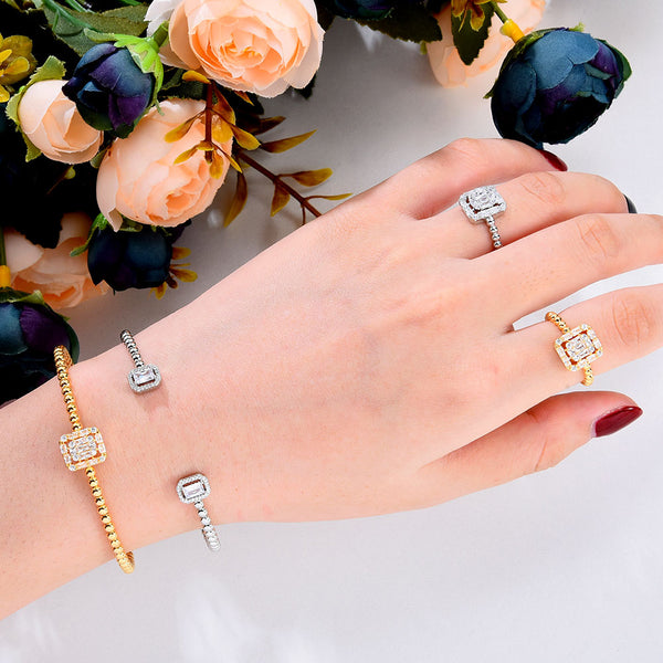 Trendy Luxury BALL CHAIN Statement Bangle Cuff Ring Sets For Women