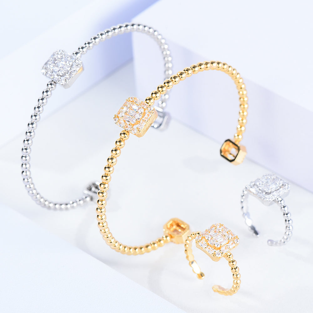 Trendy Luxury BALL CHAIN Statement Bangle Cuff Ring Sets For Women
