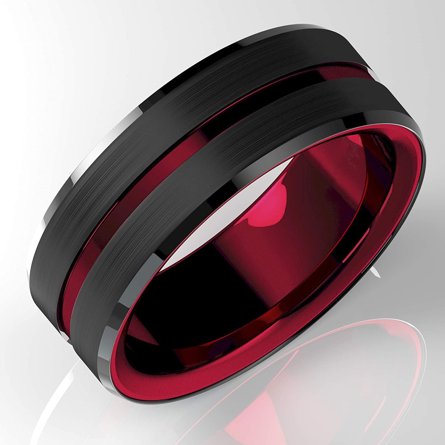 Black Tungsten  Red Groove Black Brushed Ladder Edge Engagement Ring