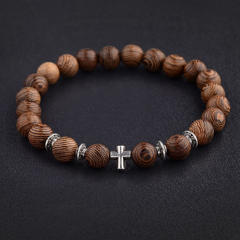 Men Natural Wood Beads Cross Bracelets