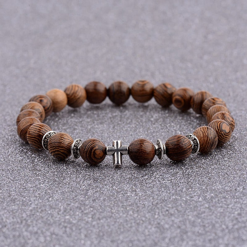 Men Natural Wood Beads Cross Bracelets