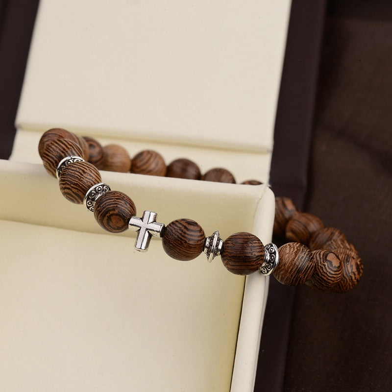 Men Natural Wood Beads Cross Bracelets